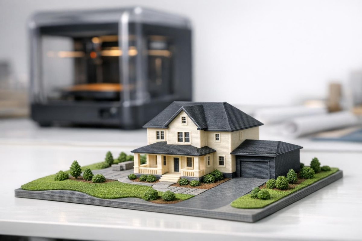 Full-colour 3D-printed scale model of a site, illustrating the printed deliverable
