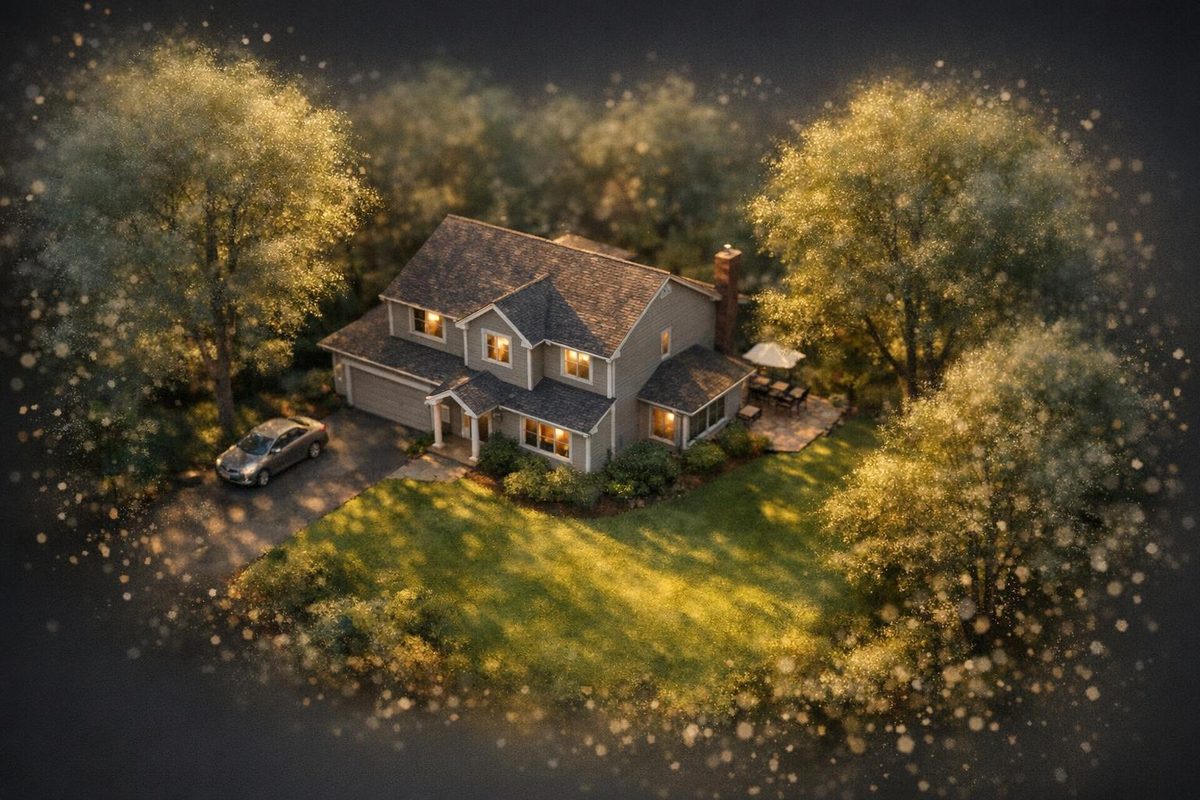 Photoreal radiance-field render of a residential property with soft volumetric falloff