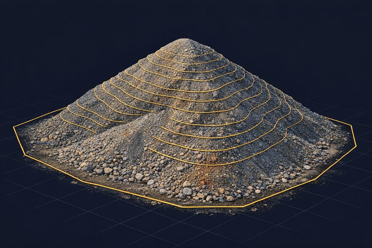 Stockpile measured from a drone capture, shown as a surface model with volume figures