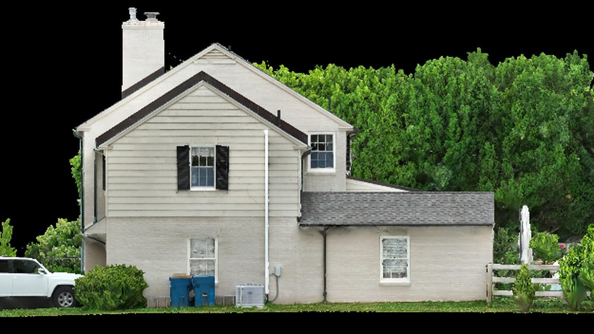 True-to-scale orthographic elevation of the house facade, captured by drone