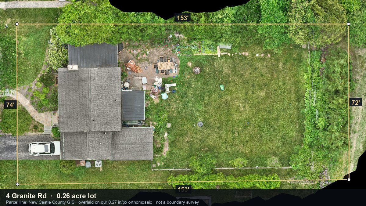 Parcel exhibit: county lot lines and dimensions overlaid on a drone orthomosaic